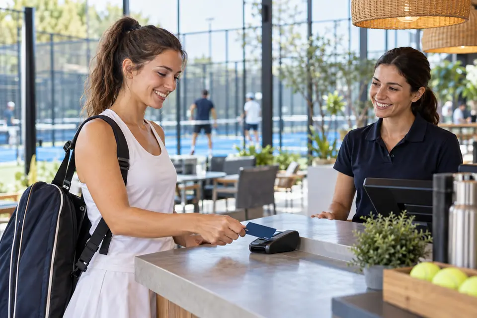Illustrative Szene eines kontaktlosen Bezahlens in einem Padel-Club